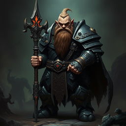 A fierce and determined dwarf illrigger standing bravely in a dark, foreboding environment, wearing heavy, intricate armor adorned with mystical runes