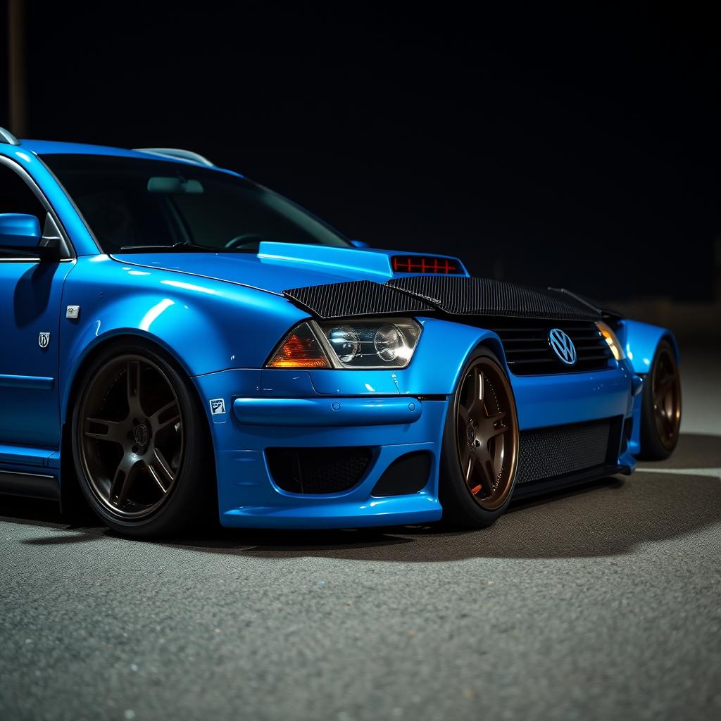 A striking blue 2001 VW Passat R36 wagon designed for drifting, showcasing distinctive black fender flares and a vibrant drifting livery