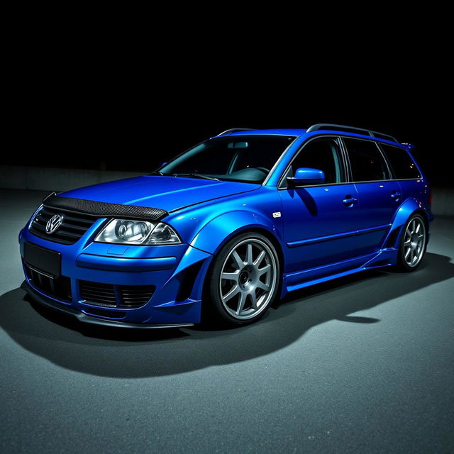A striking blue 2001 VW Passat R36 wagon designed for drifting, showcasing distinctive black fender flares and a vibrant drifting livery