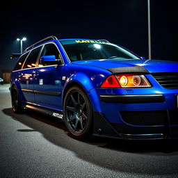 A striking blue 2001 VW Passat R36 wagon designed for drifting, showcasing distinctive black fender flares and a vibrant drifting livery