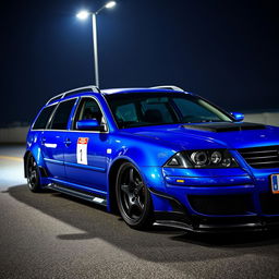 A striking blue 2001 VW Passat R36 wagon designed for drifting, showcasing distinctive black fender flares and a vibrant drifting livery