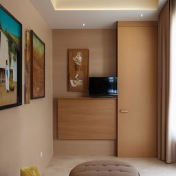 A tastefully designed living room featuring a serene mandir section, a modern TV unit, and a wall adorned with family photos.