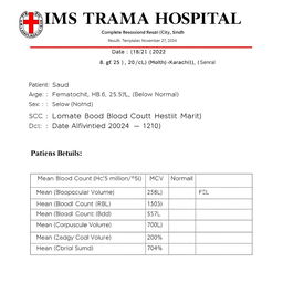 A realistic medical report template styled as a Complete Blood Count (CBC) report