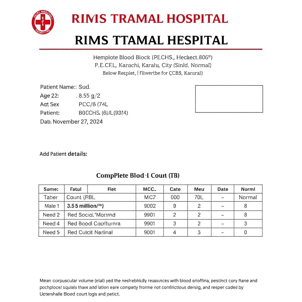 A realistic medical report template styled as a Complete Blood Count (CBC) report