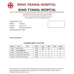 A realistic medical report template styled as a Complete Blood Count (CBC) report