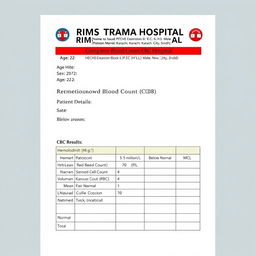 A realistic medical report template styled as a Complete Blood Count (CBC) report