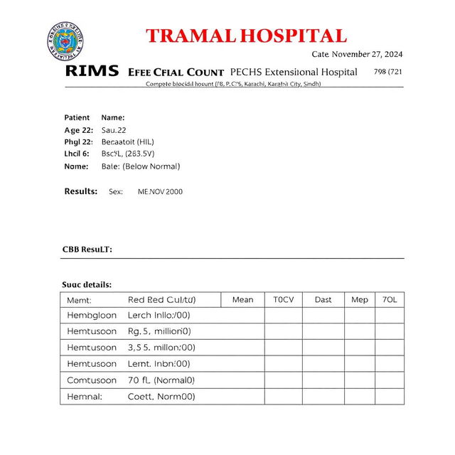 A realistic medical report template styled as a Complete Blood Count (CBC) report