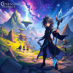 A vibrant scene depicting a fantasy realm reminiscent of Genshin Impact, featuring a group of adventurers exploring a breathtaking landscape