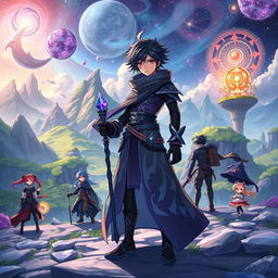 A vibrant scene depicting a fantasy realm reminiscent of Genshin Impact, featuring a group of adventurers exploring a breathtaking landscape