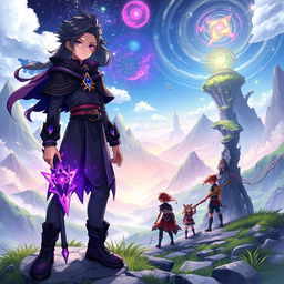 A vibrant scene depicting a fantasy realm reminiscent of Genshin Impact, featuring a group of adventurers exploring a breathtaking landscape