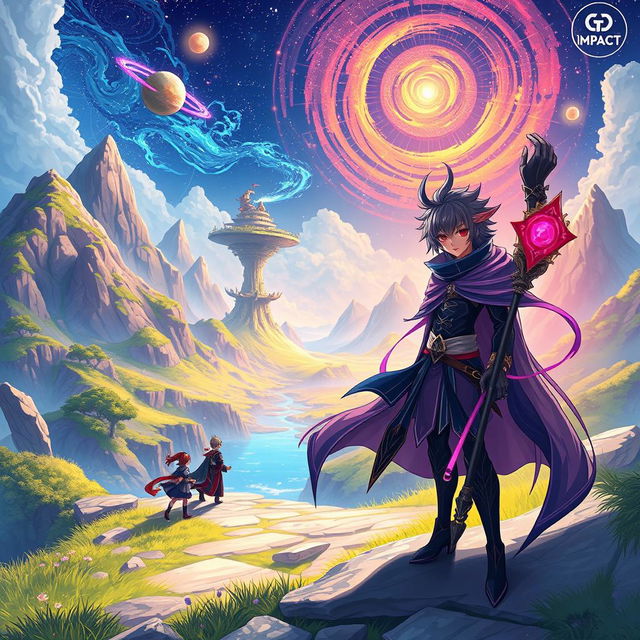 A vibrant scene depicting a fantasy realm reminiscent of Genshin Impact, featuring a group of adventurers exploring a breathtaking landscape