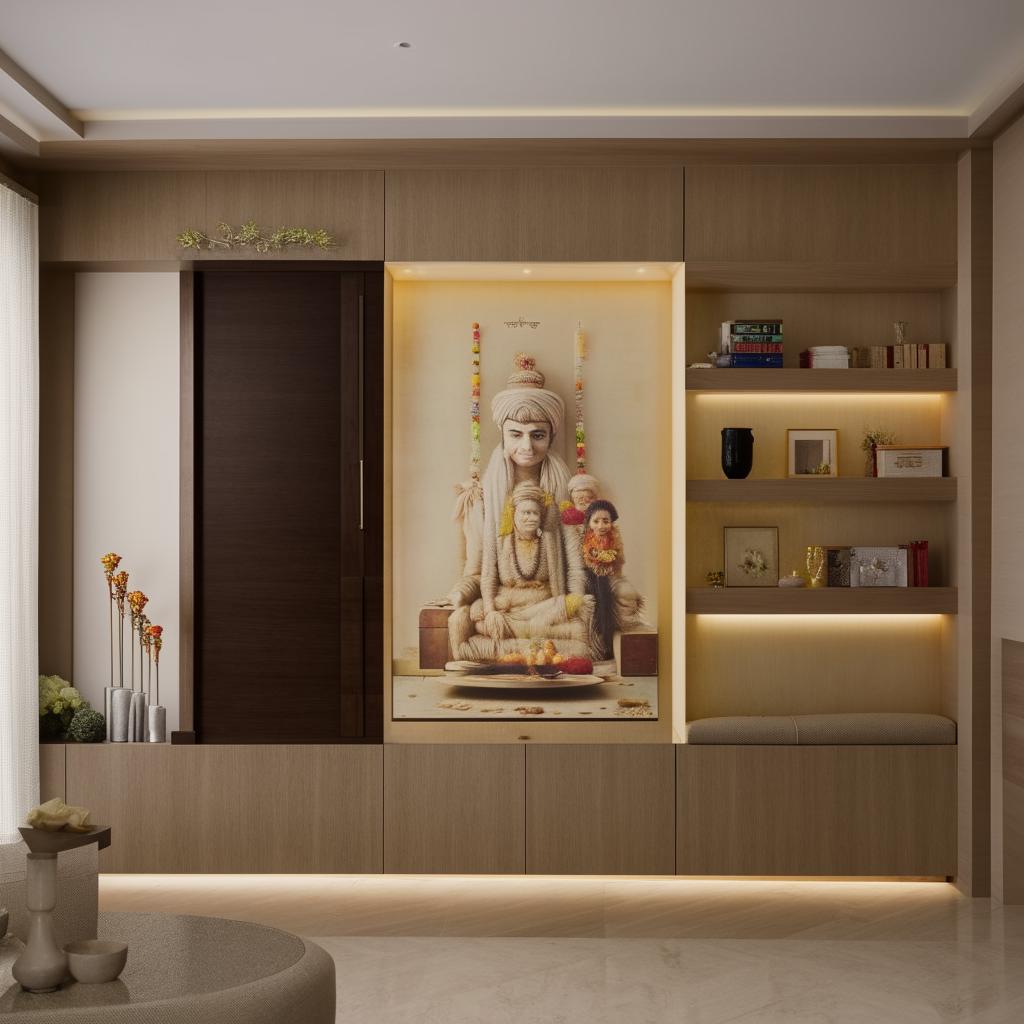 A tastefully designed living room featuring a serene mandir section, a modern TV unit, and a wall adorned with family photos.