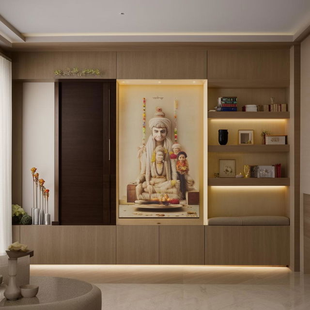 A tastefully designed living room featuring a serene mandir section, a modern TV unit, and a wall adorned with family photos.