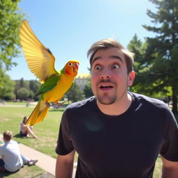 A comical scene depicting a bright, colorful bird, such as a parrot or a canary, flying directly into a person's face