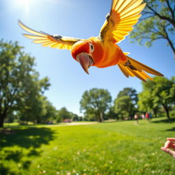 A comical scene depicting a bright, colorful bird, such as a parrot or a canary, flying directly into a person's face