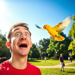 A comical scene depicting a bright, colorful bird, such as a parrot or a canary, flying directly into a person's face