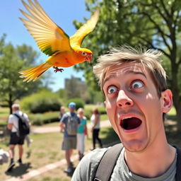 A comical scene depicting a bright, colorful bird, such as a parrot or a canary, flying directly into a person's face