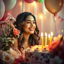 A heartfelt and vibrant birthday celebration scene featuring a beautiful woman surrounded by flowers, balloons, and birthday decorations