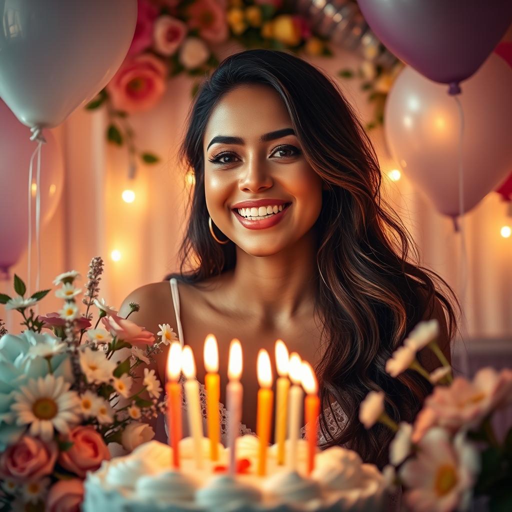 A heartfelt and vibrant birthday celebration scene featuring a beautiful woman surrounded by flowers, balloons, and birthday decorations