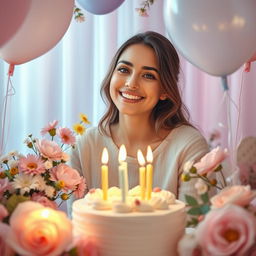 A heartfelt and vibrant birthday celebration scene featuring a beautiful woman surrounded by flowers, balloons, and birthday decorations