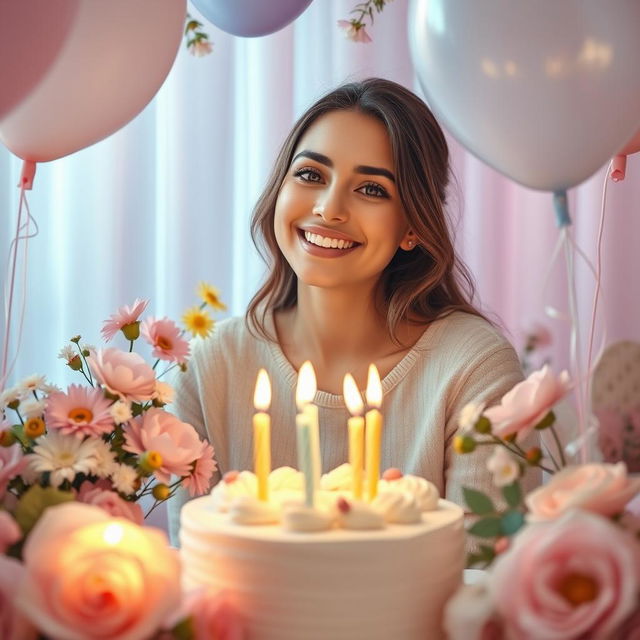 A heartfelt and vibrant birthday celebration scene featuring a beautiful woman surrounded by flowers, balloons, and birthday decorations