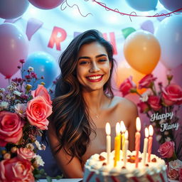 A heartfelt and vibrant birthday celebration scene featuring a beautiful woman surrounded by flowers, balloons, and birthday decorations
