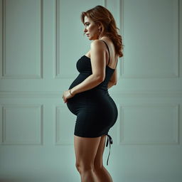 A stunning high-value middle-aged woman in side view, characterized by her white skin and voluptuous, busty body