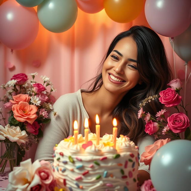 A heartfelt and vibrant birthday celebration scene featuring a beautiful woman surrounded by flowers, balloons, and birthday decorations