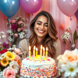 A heartfelt and vibrant birthday celebration scene featuring a beautiful woman surrounded by flowers, balloons, and birthday decorations