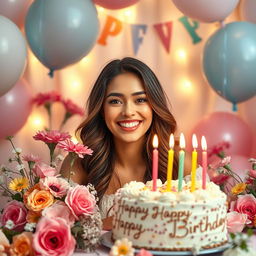 A heartfelt and vibrant birthday celebration scene featuring a beautiful woman surrounded by flowers, balloons, and birthday decorations