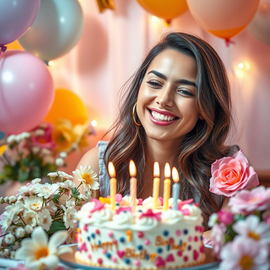 A heartfelt and vibrant birthday celebration scene featuring a beautiful woman surrounded by flowers, balloons, and birthday decorations