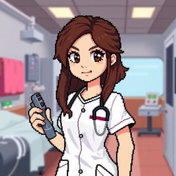 A pixel art depiction of a female video game character with brown hair, dressed in a medical gown