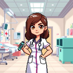 A pixel art depiction of a female video game character with brown hair, dressed in a medical gown