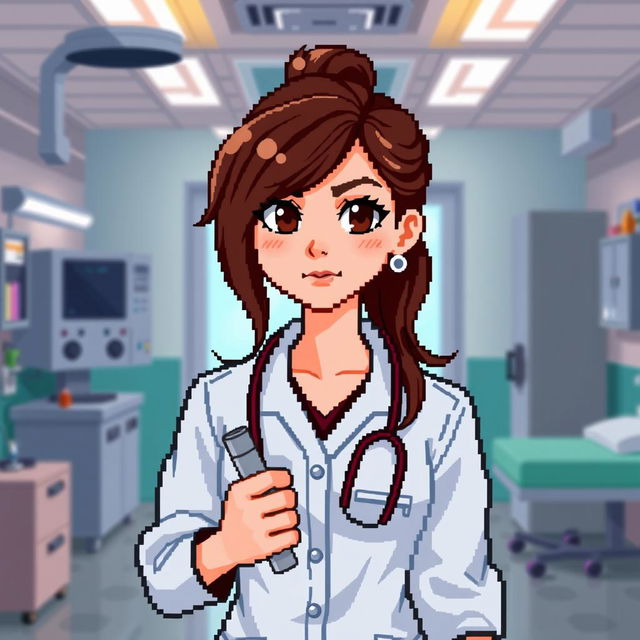 A pixel art depiction of a female video game character with brown hair, dressed in a medical gown