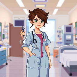 A pixel art depiction of a female video game character with brown hair, dressed in a medical gown