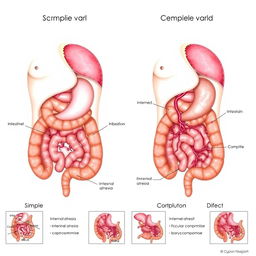 A detailed comparative illustration showing simple and complicated gastroschisis