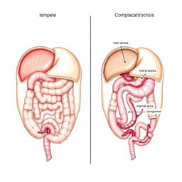 A detailed comparative illustration showing simple and complicated gastroschisis