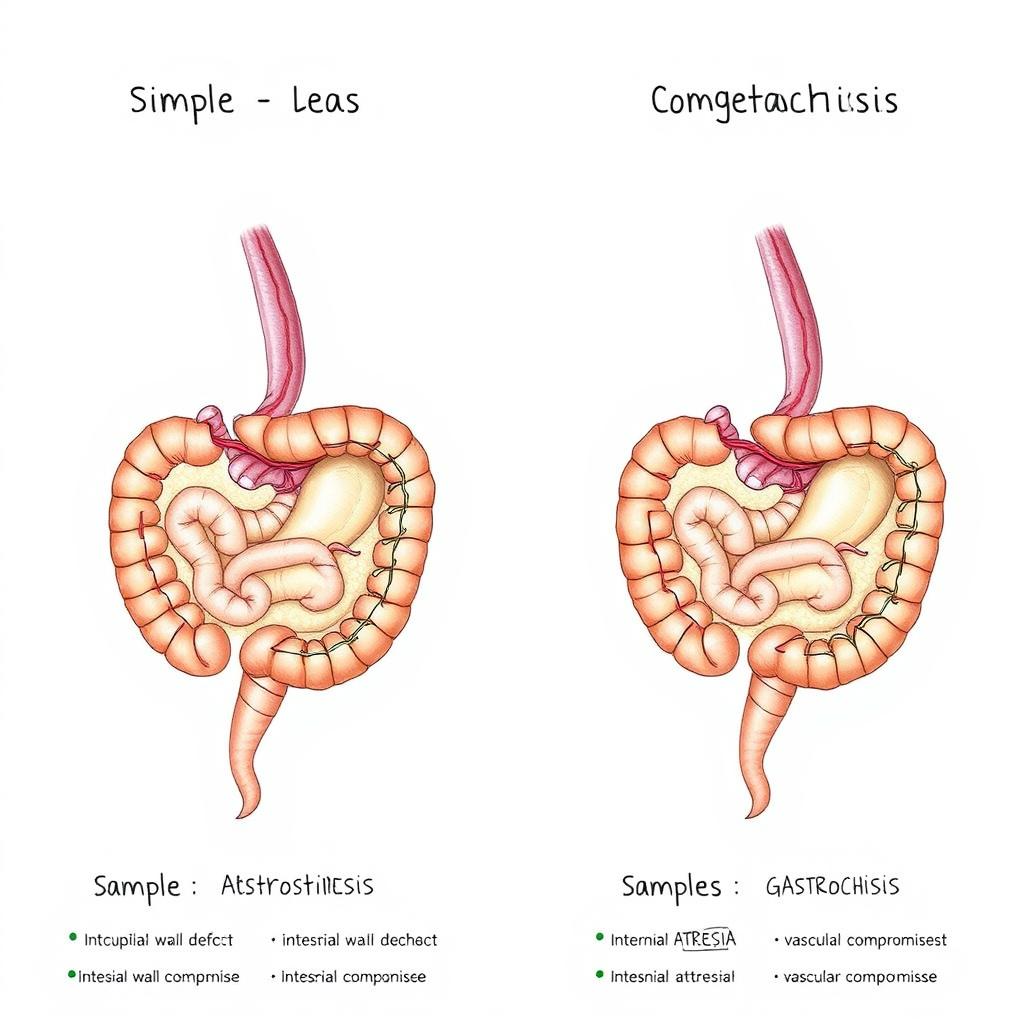 A detailed comparative illustration showing simple and complicated gastroschisis