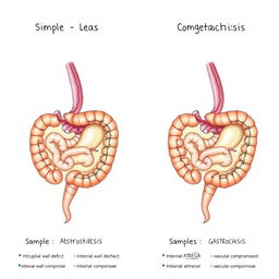 A detailed comparative illustration showing simple and complicated gastroschisis