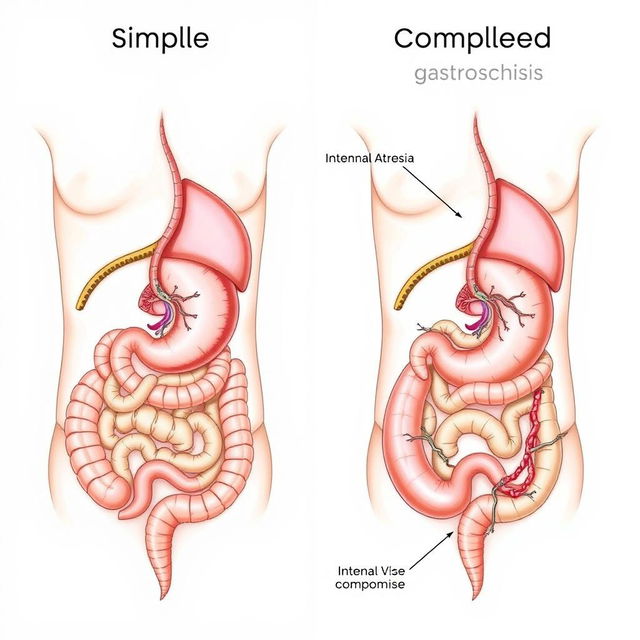 A detailed comparative illustration showing simple and complicated gastroschisis