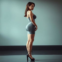 A high-value middle-aged Asian woman in side view, showcasing her white skin and alluring, busty body