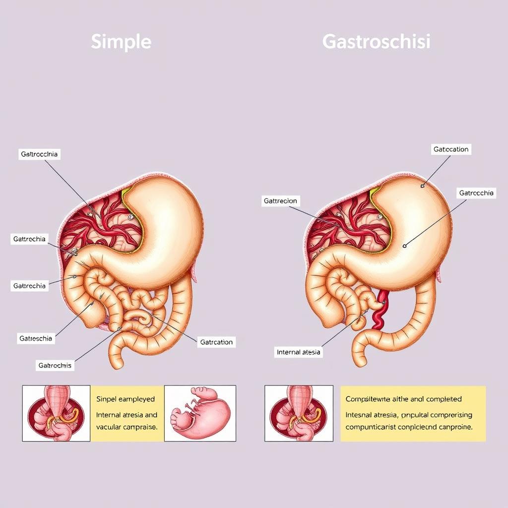 A detailed comparative illustration depicting simple versus complicated gastroschisis