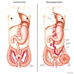 A detailed comparative illustration depicting simple versus complicated gastroschisis