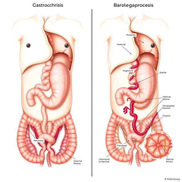 A detailed comparative illustration depicting simple versus complicated gastroschisis