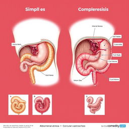 A detailed comparative illustration depicting simple versus complicated gastroschisis