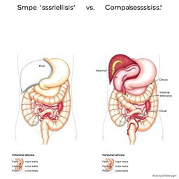 A detailed comparative illustration depicting simple versus complicated gastroschisis