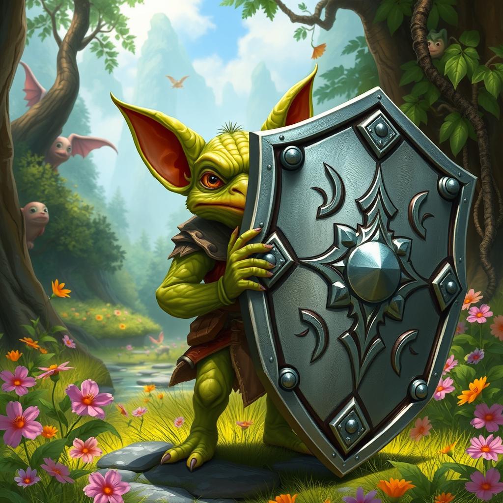 A 2-foot tall Kobold, characterized by its scaly, greenish skin and large pointy ears, is carrying a comically oversized tower shield that dwarfs the little creature