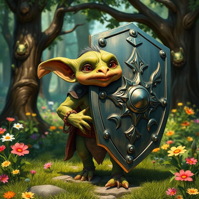 A 2-foot tall Kobold, characterized by its scaly, greenish skin and large pointy ears, is carrying a comically oversized tower shield that dwarfs the little creature
