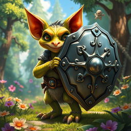 A 2-foot tall Kobold, characterized by its scaly, greenish skin and large pointy ears, is carrying a comically oversized tower shield that dwarfs the little creature