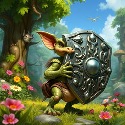 A 2-foot tall Kobold, characterized by its scaly, greenish skin and large pointy ears, is carrying a comically oversized tower shield that dwarfs the little creature